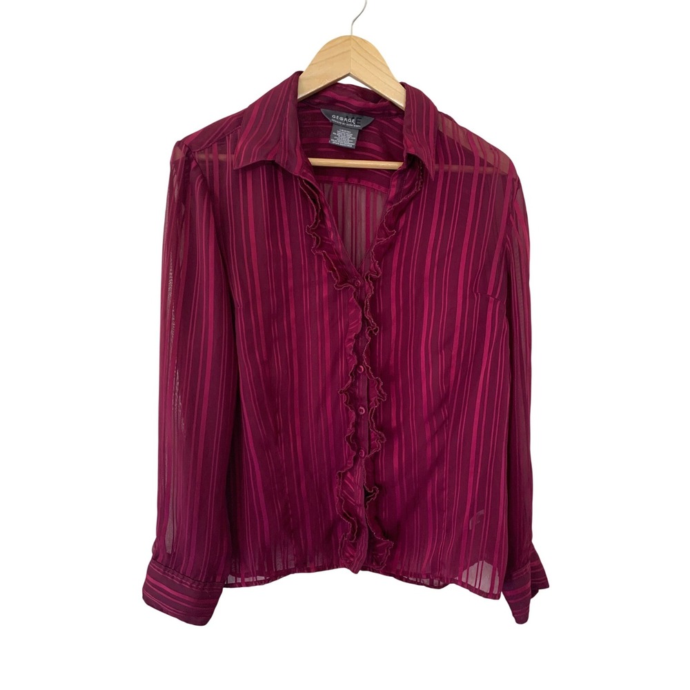 George ME Mark Eisen Dark Raspberry Striped Ruffle Sheer Blouse Size Large‎